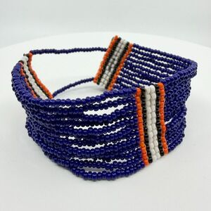 Boho Cobalt Blue Multi Strand Seed Bead Cuff Bracelet - Festival Style